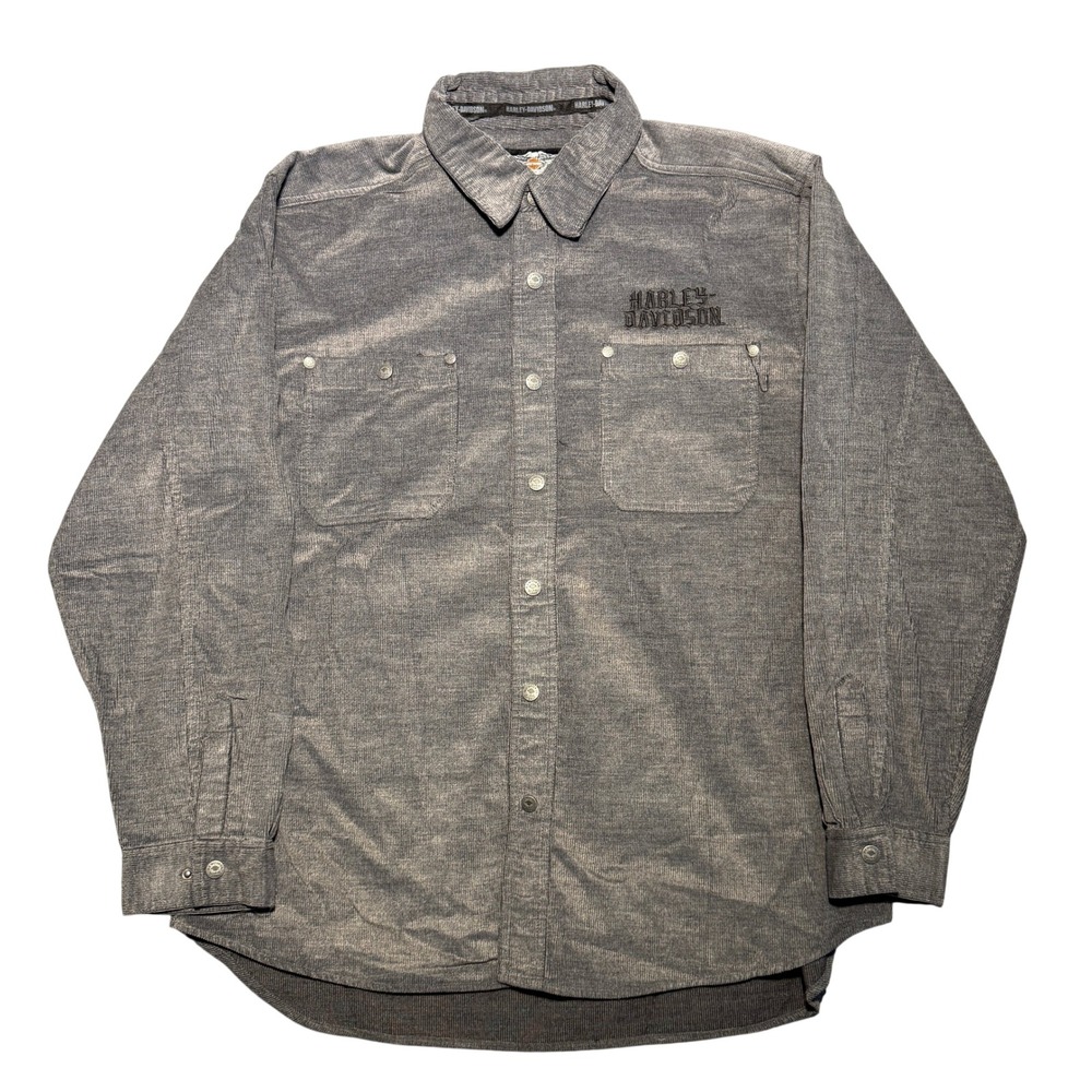 Harley-Davidson 2XL Gray Corduroy Long Sleeve Button Down Shirt Logo Patch